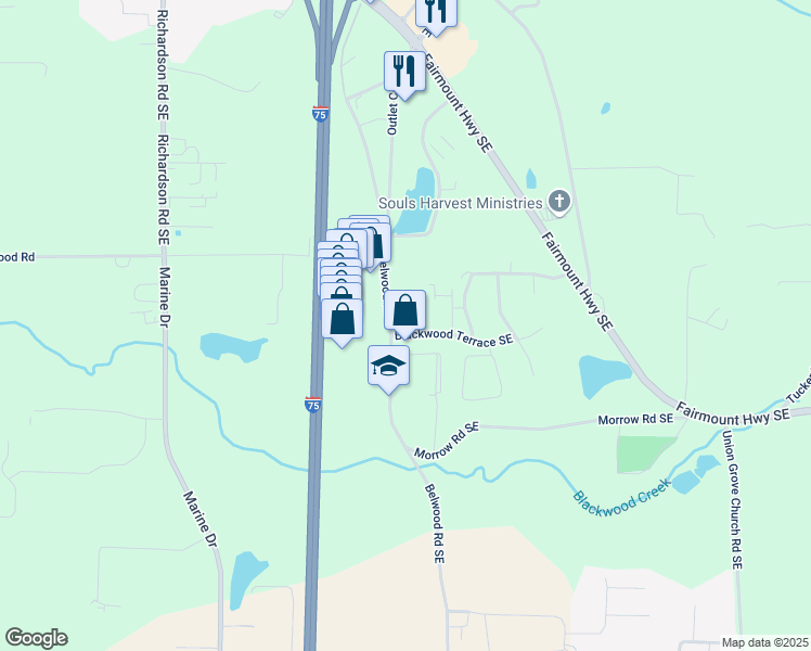 map of restaurants, bars, coffee shops, grocery stores, and more near 625 Blackwood Terrace Southeast in Calhoun