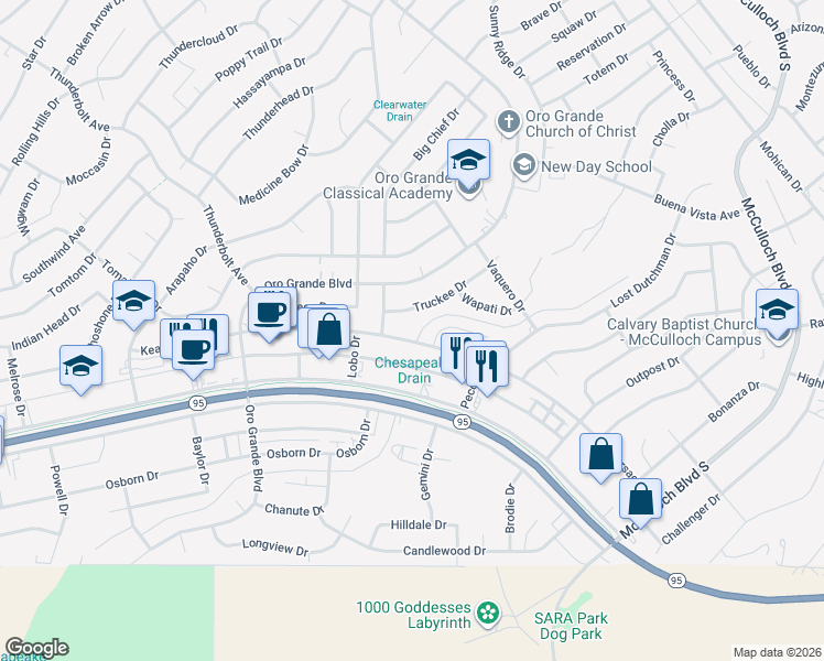 map of restaurants, bars, coffee shops, grocery stores, and more near 3401 Kearsage Drive in Lake Havasu City