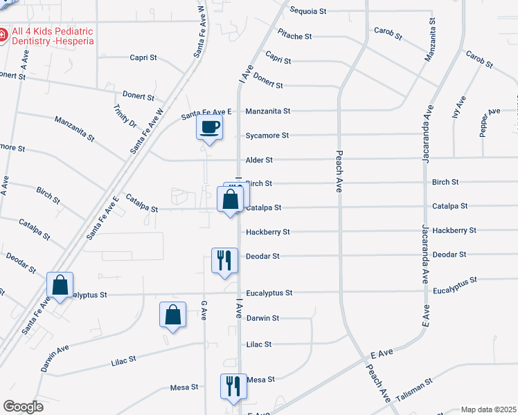 map of restaurants, bars, coffee shops, grocery stores, and more near Catalpa Street in Hesperia