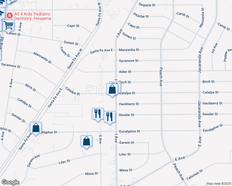 map of restaurants, bars, coffee shops, grocery stores, and more near 11470 I Avenue in Hesperia