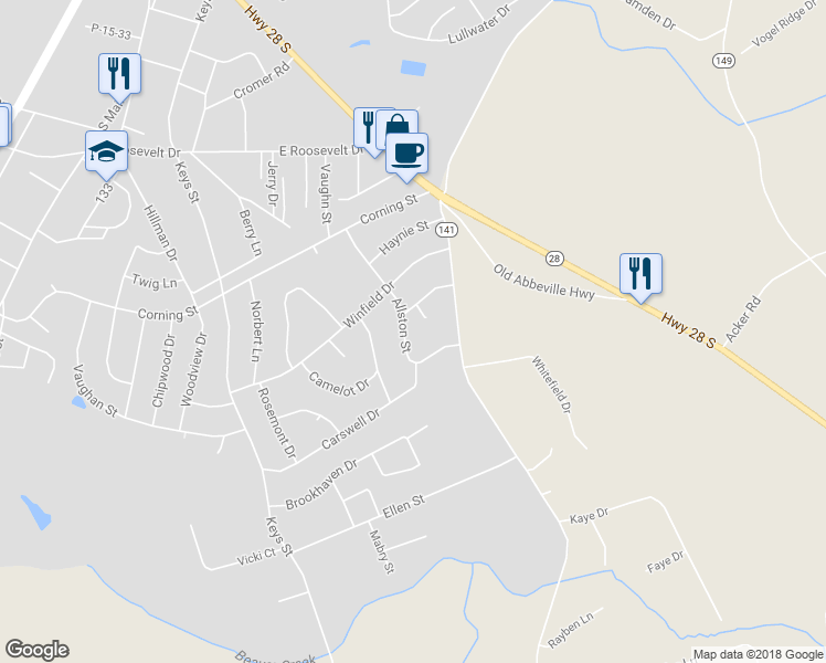 map of restaurants, bars, coffee shops, grocery stores, and more near 3803 Allston Street in Anderson