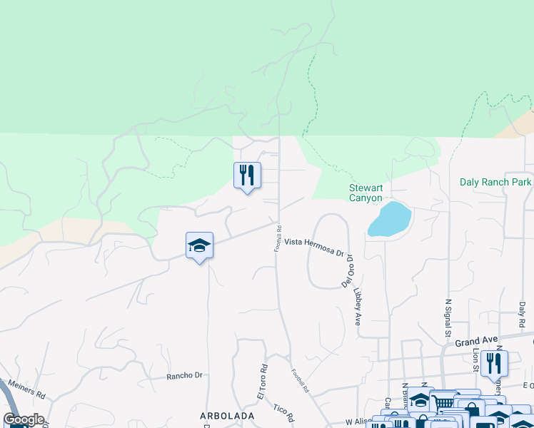 map of restaurants, bars, coffee shops, grocery stores, and more near 115 Fairview Road in Ojai