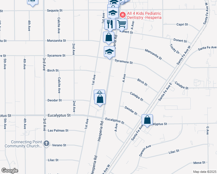 map of restaurants, bars, coffee shops, grocery stores, and more near 11491 Hesperia Road in Hesperia