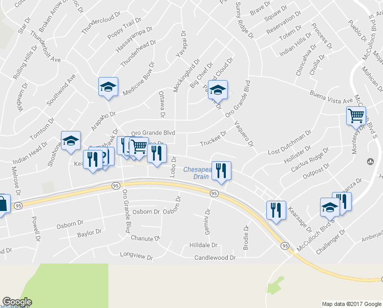 map of restaurants, bars, coffee shops, grocery stores, and more near 3371 Kearsage Drive in Lake Havasu City
