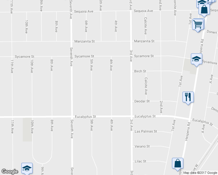 map of restaurants, bars, coffee shops, grocery stores, and more near 11490 4th Avenue in Hesperia
