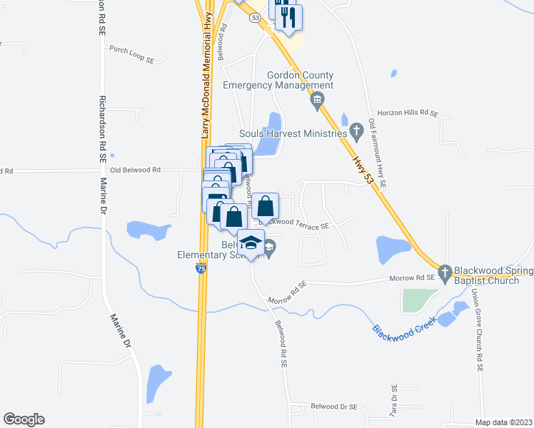 map of restaurants, bars, coffee shops, grocery stores, and more near 625 Blackwood Terrace Southeast in Calhoun
