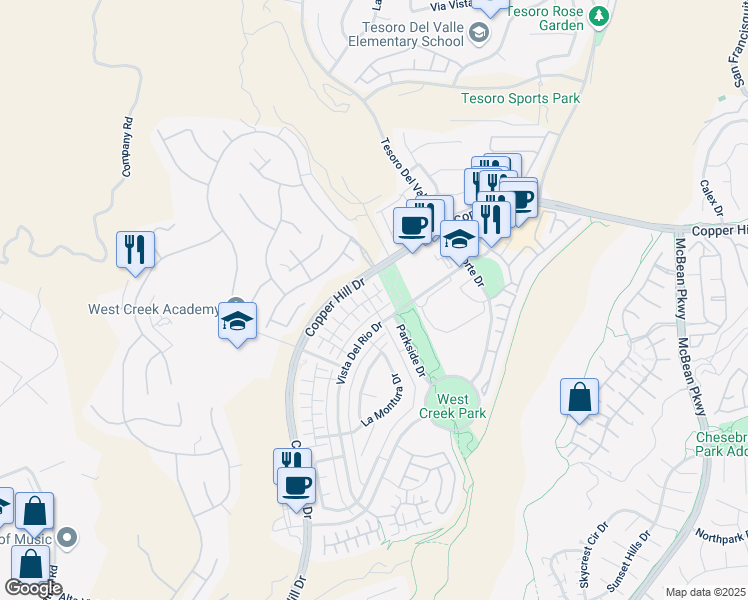 map of restaurants, bars, coffee shops, grocery stores, and more near 28734 Jardineras Drive in Santa Clarita