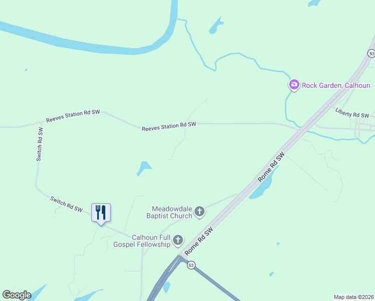 map of restaurants, bars, coffee shops, grocery stores, and more near 410 Reeves Station Road Southwest in Calhoun