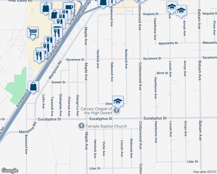 map of restaurants, bars, coffee shops, grocery stores, and more near 11516 Oakwood Avenue in Hesperia