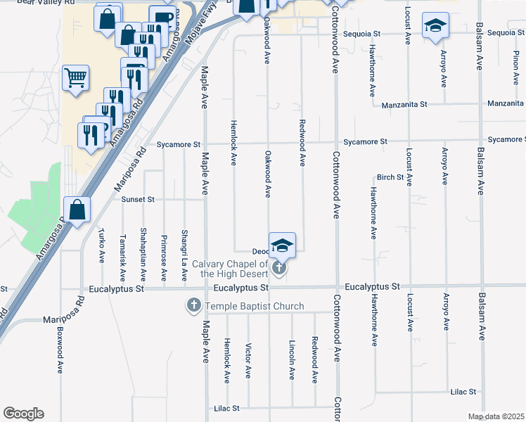 map of restaurants, bars, coffee shops, grocery stores, and more near 11516 Oakwood Avenue in Hesperia