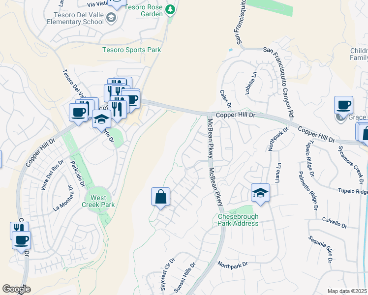 map of restaurants, bars, coffee shops, grocery stores, and more near 28261 River Trail Lane in Santa Clarita
