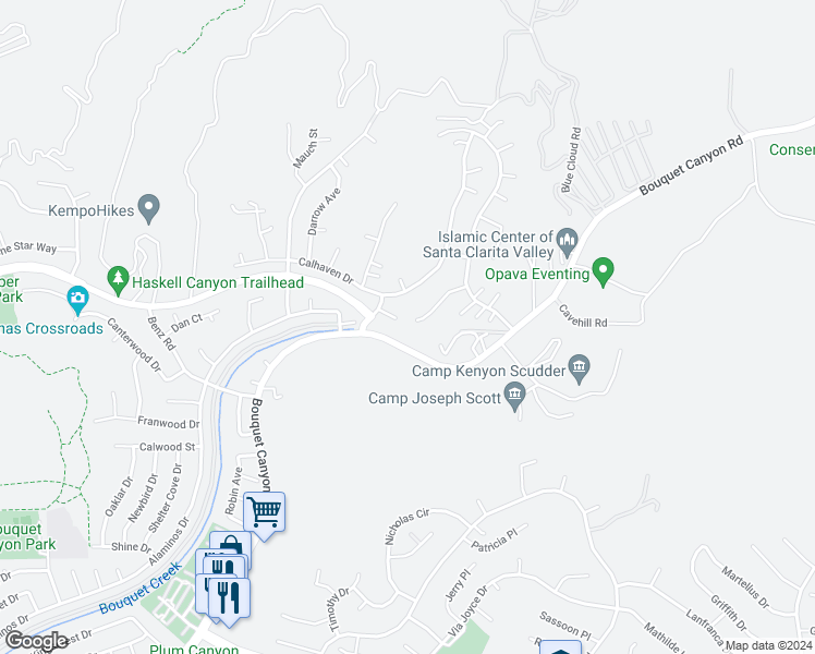 map of restaurants, bars, coffee shops, grocery stores, and more near 20174 Zimmerman Place in Santa Clarita
