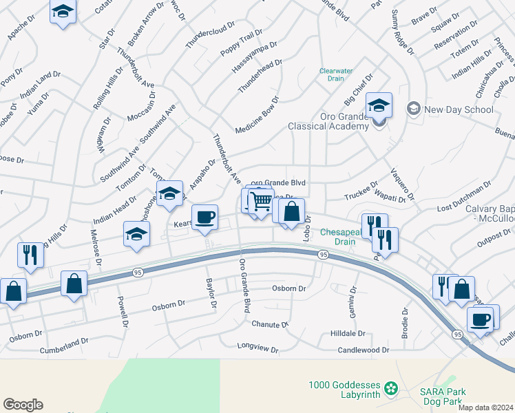 map of restaurants, bars, coffee shops, grocery stores, and more near 3234-3300 Kearsage Drive in Lake Havasu City
