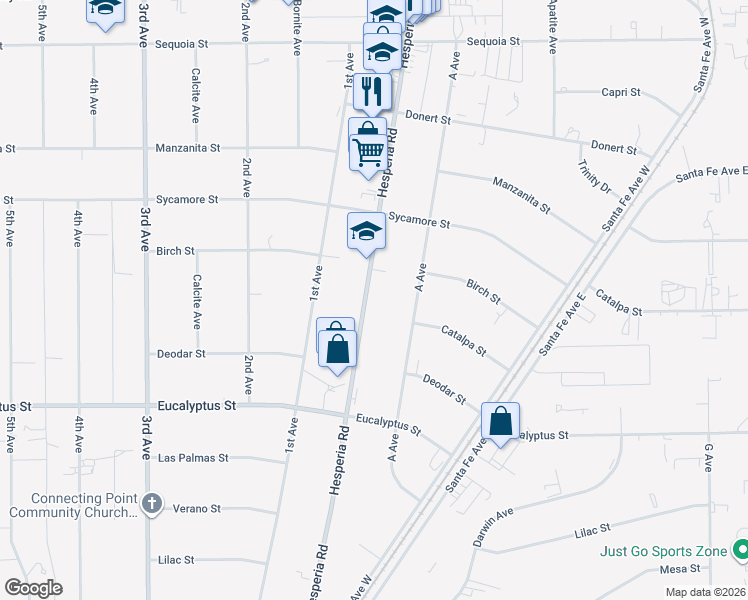 map of restaurants, bars, coffee shops, grocery stores, and more near in Hesperia