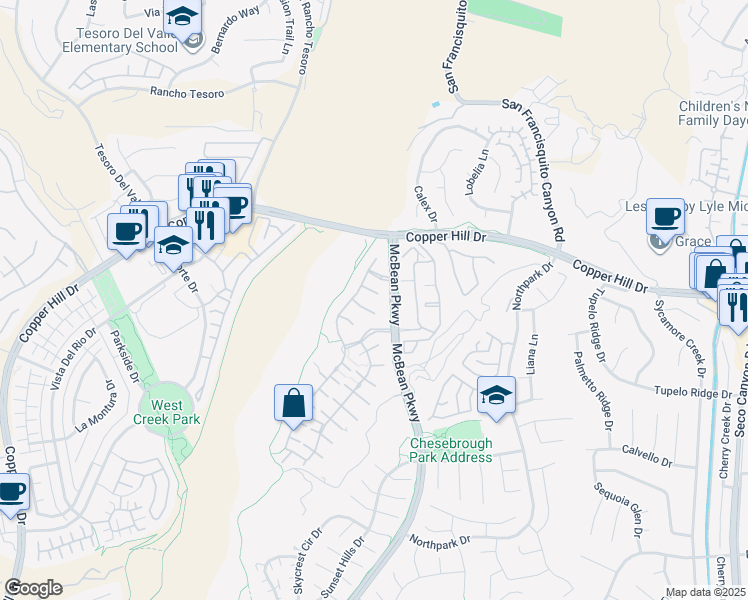 map of restaurants, bars, coffee shops, grocery stores, and more near 23741 Spruce Meadow Court in Santa Clarita
