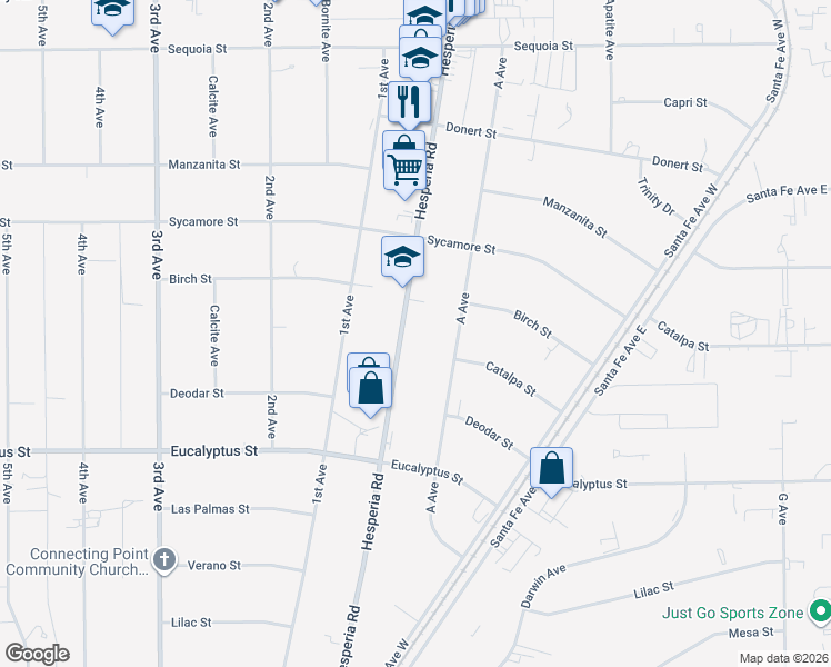 map of restaurants, bars, coffee shops, grocery stores, and more near 11491 Hesperia Road in Hesperia