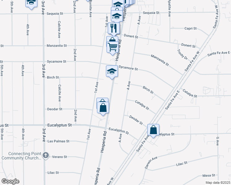 map of restaurants, bars, coffee shops, grocery stores, and more near 17043 Main Street in Hesperia