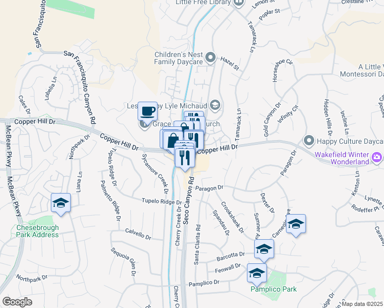 map of restaurants, bars, coffee shops, grocery stores, and more near Copper Hill Dr & Seco Canyon Rd in Santa Clarita