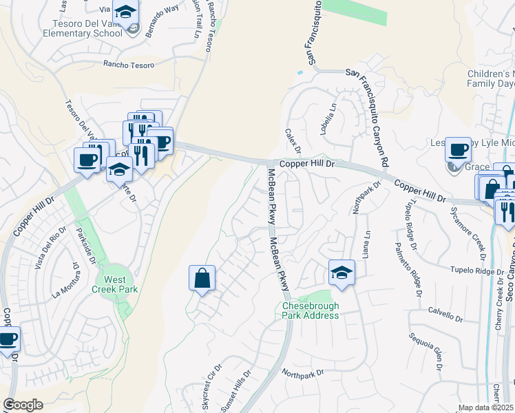 map of restaurants, bars, coffee shops, grocery stores, and more near 23741 Spruce Meadow Court in Santa Clarita