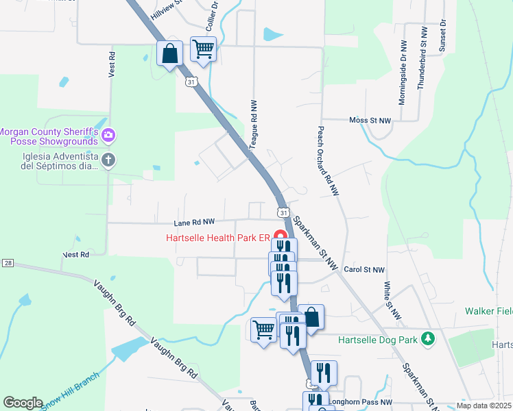 map of restaurants, bars, coffee shops, grocery stores, and more near 907 Lane Road Northwest in Hartselle