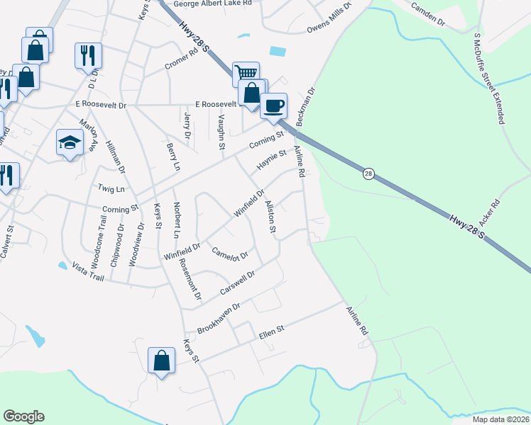 map of restaurants, bars, coffee shops, grocery stores, and more near 3803 Allston Street in Anderson