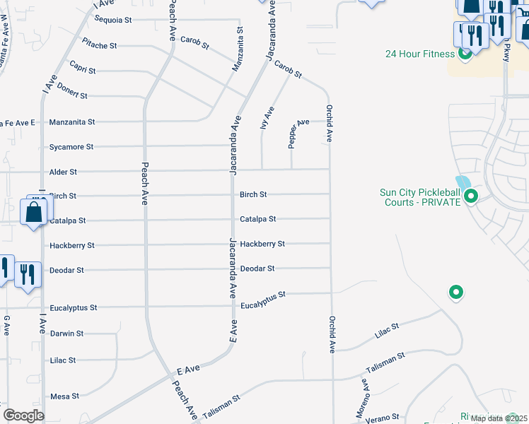 map of restaurants, bars, coffee shops, grocery stores, and more near 18319 Catalpa Street in Hesperia