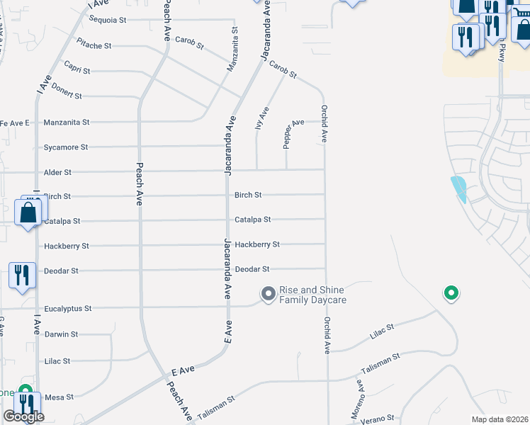 map of restaurants, bars, coffee shops, grocery stores, and more near 18332 Catalpa Street in Hesperia