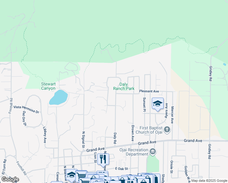 map of restaurants, bars, coffee shops, grocery stores, and more near 1301 Daly Road in Ojai