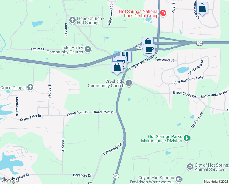 map of restaurants, bars, coffee shops, grocery stores, and more near 768 Carpenter Dam Road in Hot Springs
