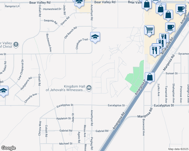 map of restaurants, bars, coffee shops, grocery stores, and more near 11416 Sunny Way in Victorville