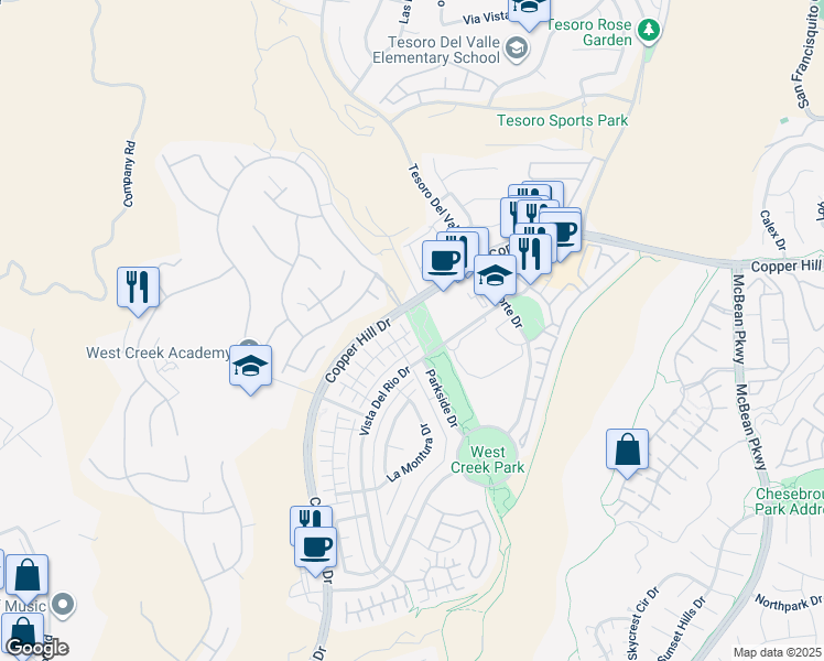 map of restaurants, bars, coffee shops, grocery stores, and more near 28734 Jardineras Drive in Santa Clarita