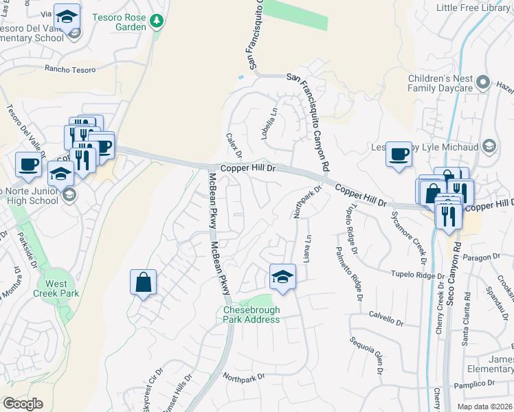 map of restaurants, bars, coffee shops, grocery stores, and more near 28215 Canterbury Court in Santa Clarita