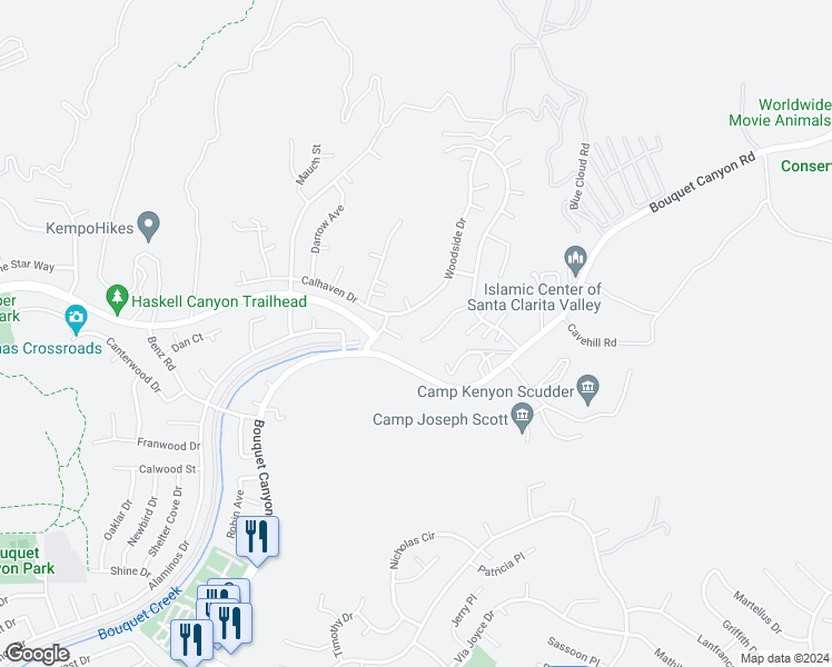 map of restaurants, bars, coffee shops, grocery stores, and more near 20171 Zimmerman Place in Santa Clarita
