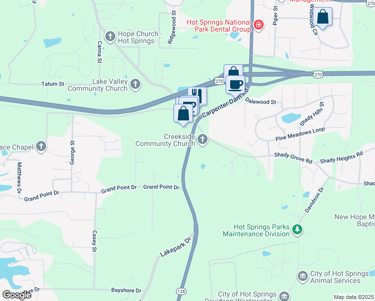 map of restaurants, bars, coffee shops, grocery stores, and more near 768 Carpenter Dam Road in Hot Springs