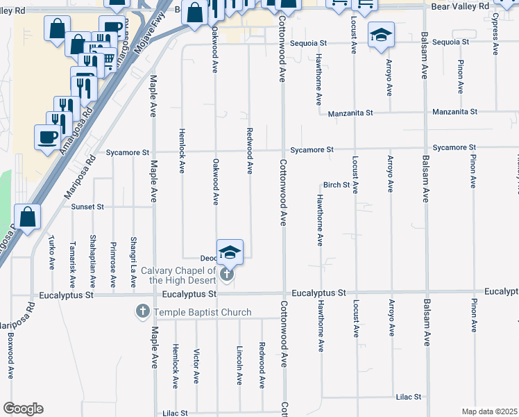 map of restaurants, bars, coffee shops, grocery stores, and more near 11581 Redwood Avenue in Hesperia