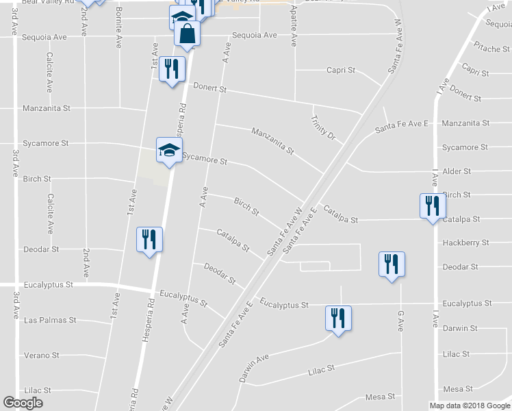 map of restaurants, bars, coffee shops, grocery stores, and more near 17176 Birch Street in Hesperia