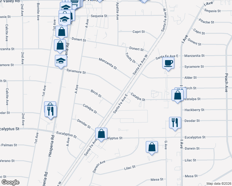 map of restaurants, bars, coffee shops, grocery stores, and more near 17267 Sycamore Street in Hesperia