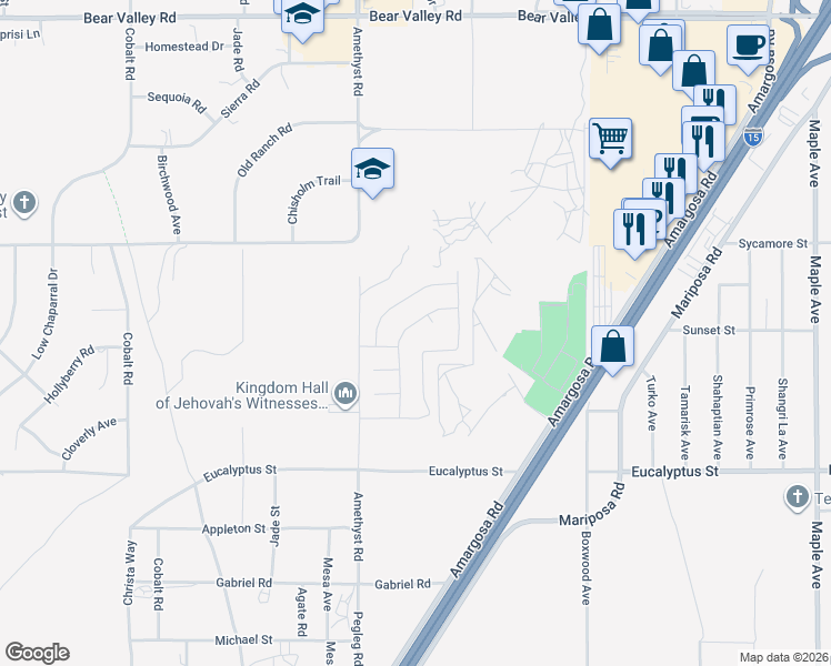 map of restaurants, bars, coffee shops, grocery stores, and more near Sycamore Street in Victorville