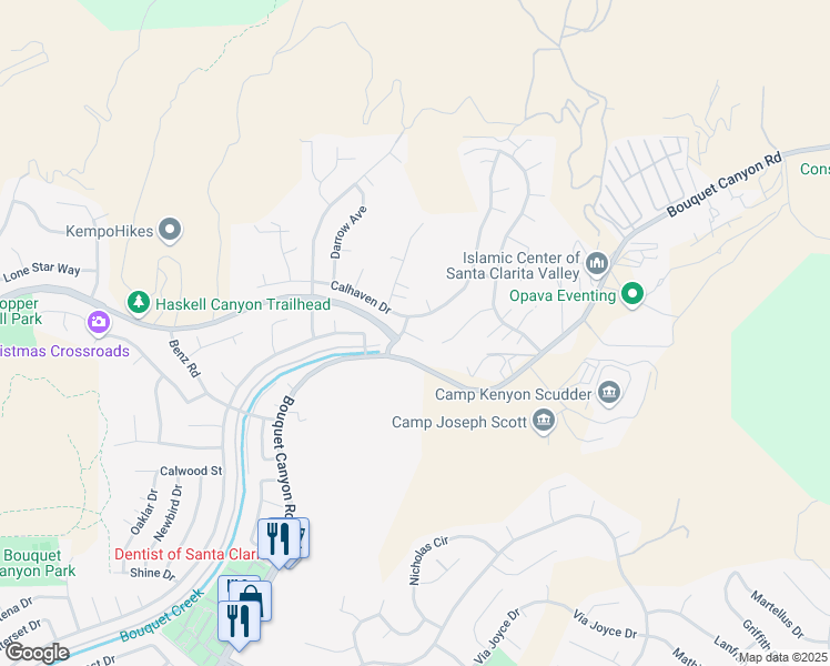 map of restaurants, bars, coffee shops, grocery stores, and more near 28638 David Way in Santa Clarita