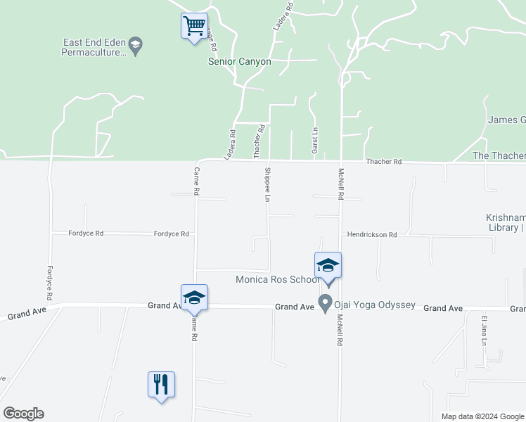 map of restaurants, bars, coffee shops, grocery stores, and more near 1225 Shippee Lane in Ojai