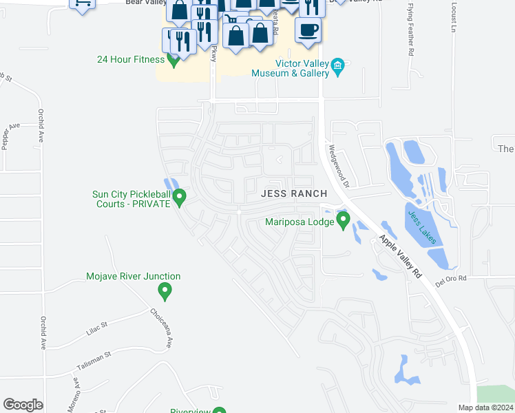 map of restaurants, bars, coffee shops, grocery stores, and more near 19133 Oak Street in Apple Valley