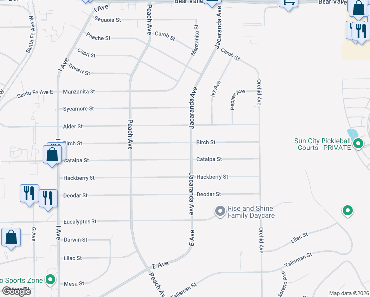 map of restaurants, bars, coffee shops, grocery stores, and more near 18191 Birch Street in Hesperia