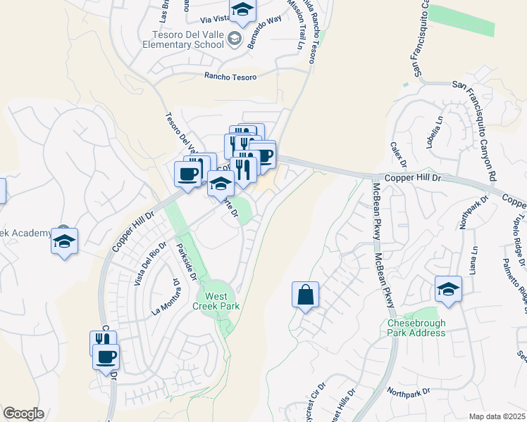 map of restaurants, bars, coffee shops, grocery stores, and more near 23937 Brescia Drive in Santa Clarita