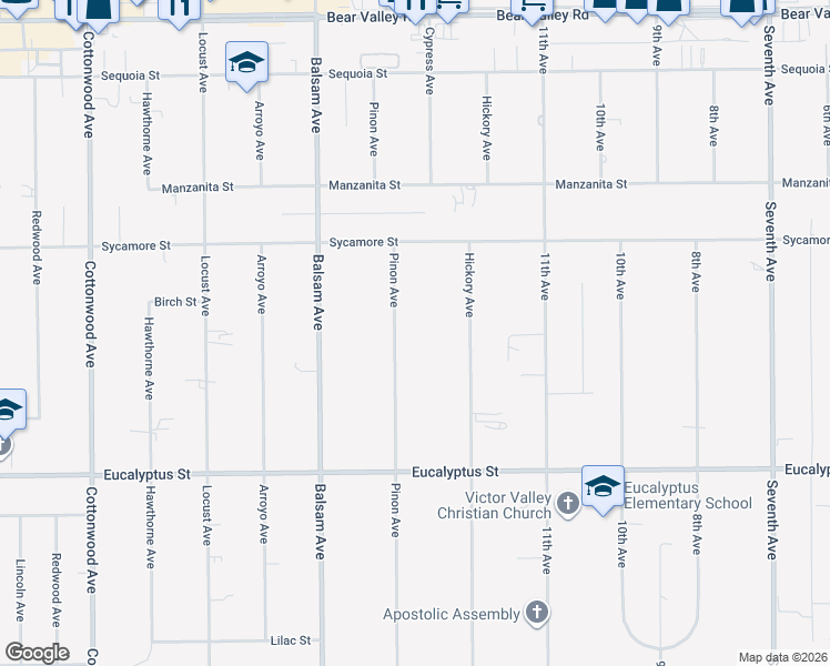 map of restaurants, bars, coffee shops, grocery stores, and more near 11555 Pinon Avenue in Hesperia