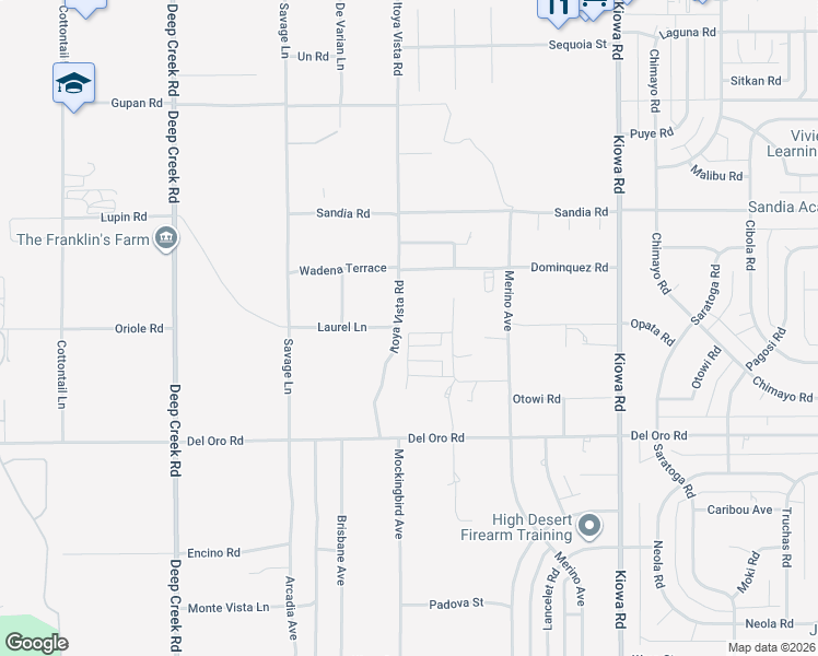 map of restaurants, bars, coffee shops, grocery stores, and more near 11587 Itoya Vista Road in Apple Valley