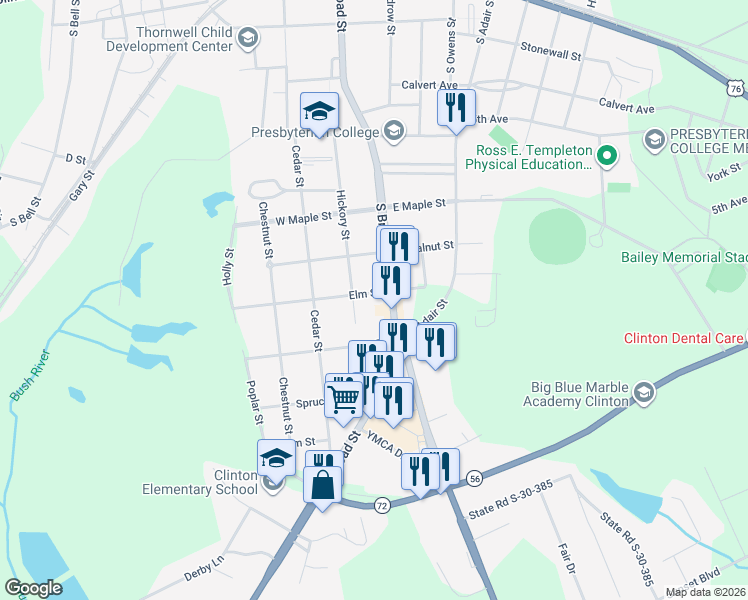 map of restaurants, bars, coffee shops, grocery stores, and more near 708 South Broad Street in Clinton