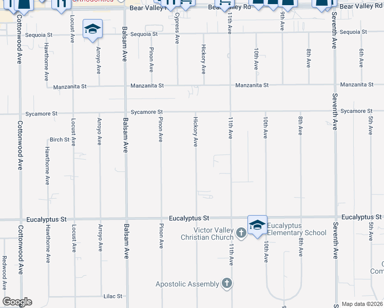 map of restaurants, bars, coffee shops, grocery stores, and more near 11546 Hickory Avenue in Hesperia