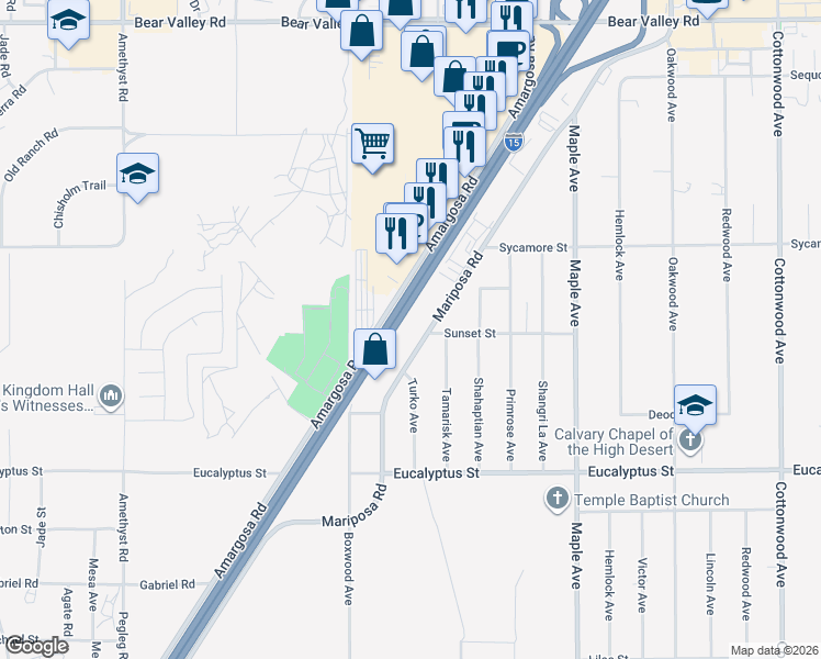 map of restaurants, bars, coffee shops, grocery stores, and more near 11605 Mariposa Road in Hesperia