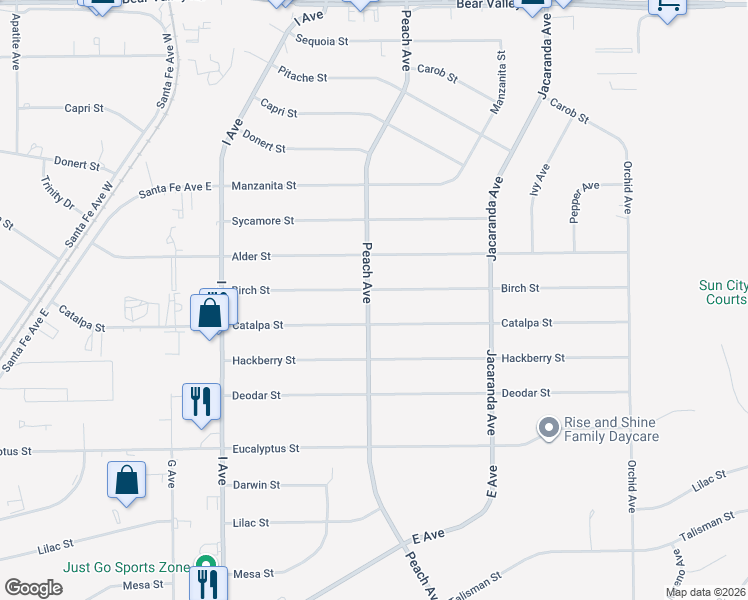 map of restaurants, bars, coffee shops, grocery stores, and more near Birch Street in Hesperia