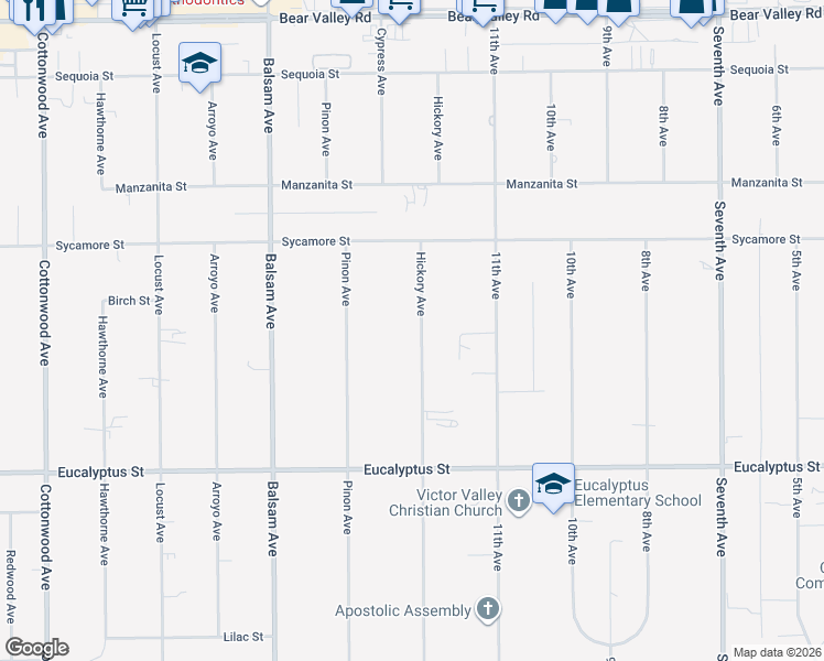 map of restaurants, bars, coffee shops, grocery stores, and more near 11546 Hickory Avenue in Hesperia